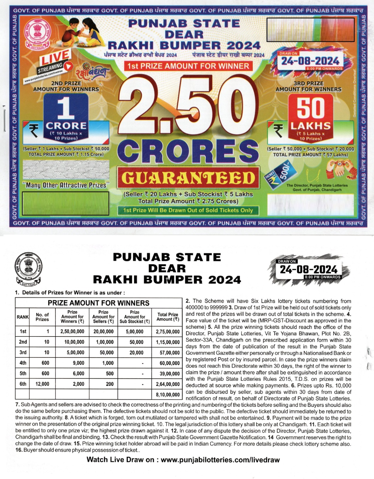 Punjab State Lottery Rakhi Bumper 24 Aug Draw Online Purchase